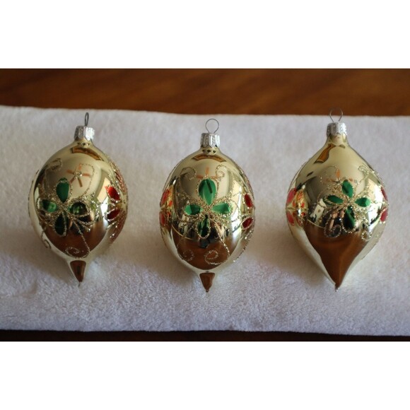 3x Commodore Teardrop Ornaments Romania Vintage Glitter Floral Gold Red 4" - Picture 4 of 10
